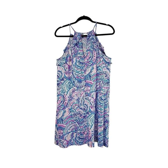 Lilly Pulitzer Billie Ruffle Shift Dress M Blue Happy As A Clam Halter Pima Cott - Picture 7 of 11